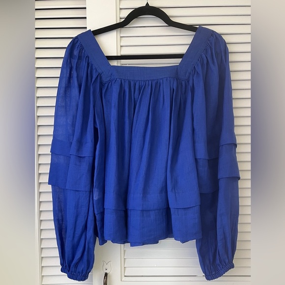 Banana Republic Semi-Sheer Square Neck Ramie Blouse Balloon Sleeves in Blue XS - Picture 3 of 13